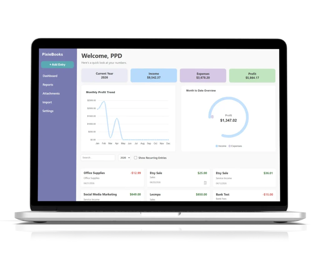 PixieBooks Online Dashboard Mockup
