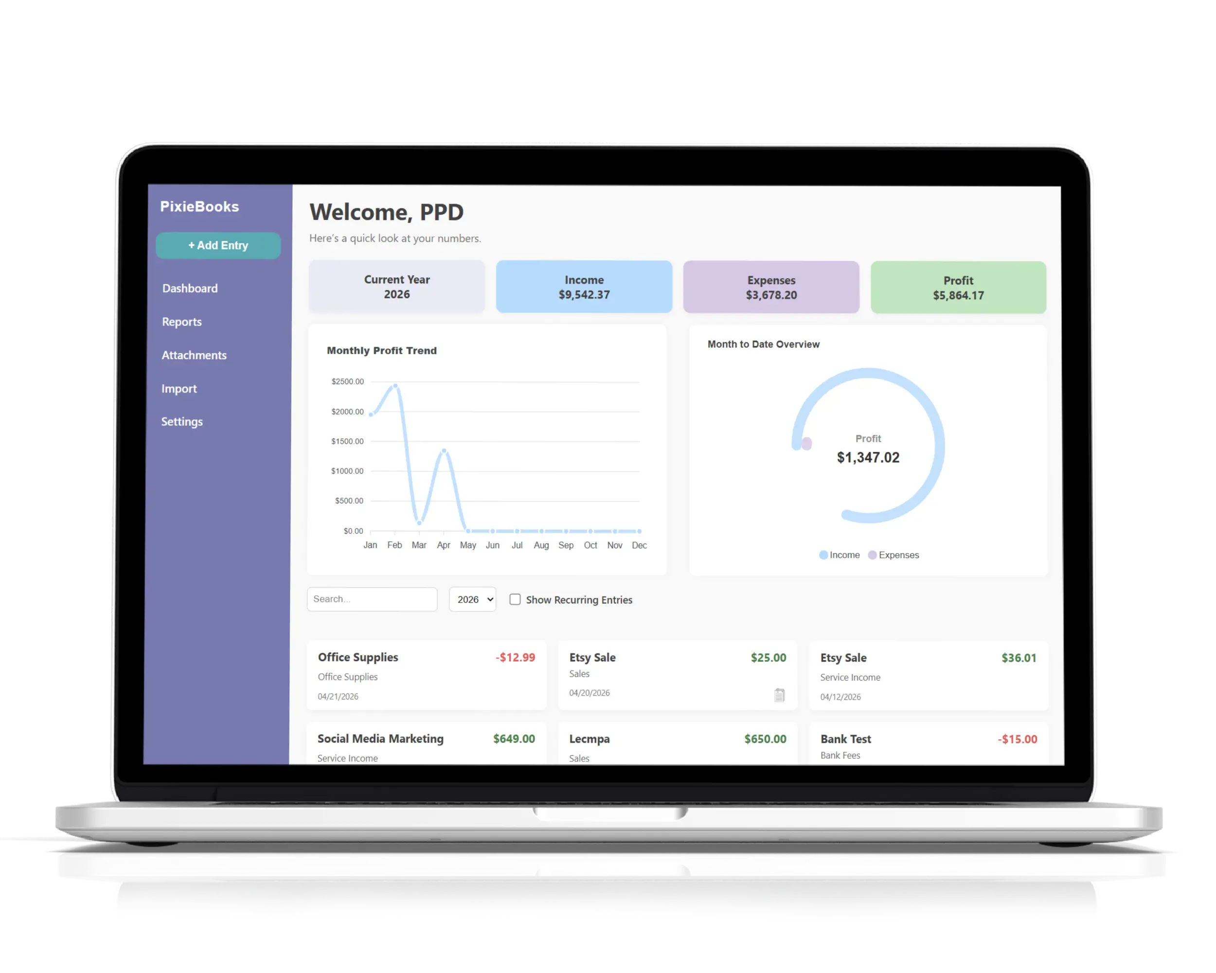 PixieBooks Online Dashboard Mockup